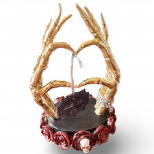 Bella Lux Gold Skeleton Hand Display with Red Rose Base and Skull Accent NIB picture