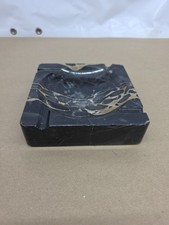 Vtg Black w/Brown /Ivory Vein Marble Ashtray MCM Square Art Deco Style 6X6 Inch picture