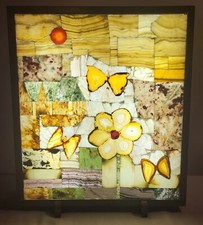 Vintage Mid Century Stained Glass Art Shadow Light Box Made Of Oak Wood  picture