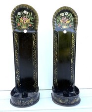 PAIR ANTIQUE 19TH C AMERICAN PAINTED TIN TOLEWARE CANDLE SCONCES FRUIT BASKET picture