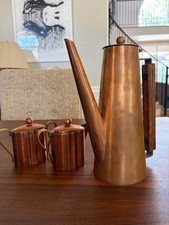 Handcrafted Mid Century Modern Copper Coffee Set Brass Wood Artisan MCM VTG picture