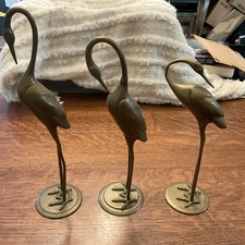 Vtg Mid Century Solid Brass Crane Egret Heron Bird Statues Sculptures Set of 3 picture