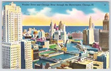 Vintage Chicago Wacker Drive Chicago River Skyscrapers Postcard 1957 picture