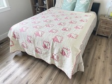 Vintage Pink White Basket Quilt Hand Quilted Patchwork Cottage Farmhouse picture