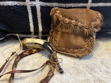 Antique Native American Indian Leather Pouch & Gunpowder Horn picture