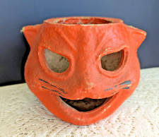 Antique Paper Mache Halloween Cat Face Jack-O-lantern Pumpkin picture