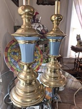 Vintage Stiffel Brass And Blue Enamel Pair Of Lamps  MCM Hollywood Regency picture