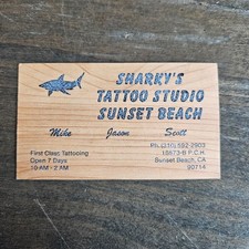 Vintage 1990's Sharky's Tattoo Studio Sunset Beach, Textured Business Card picture