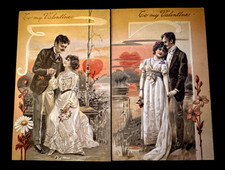 Lot of 2~Romantic Man & Woman~Hearts~Antique~PFB  Valentine's Day Postcards~m142 picture