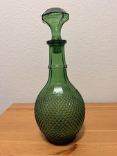 Vintage Green Glass Diamond Point Decanter Bottle w/ Faceted Stopper Retro picture