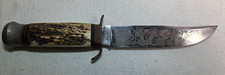 Vintage Puma Solingen Rostfrei Stag Handle Hunting Knife w Floral Scene Etching picture