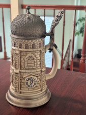 HTF Handarbeit Porcelain Stoneware Clock Tower Lidded Beer Stein West Germany picture