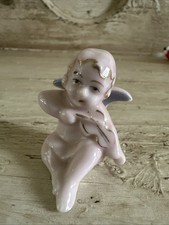 Vintage Mini Pink & Gold Trim Angel Cherub Figurine 1960's Japan 1 1/2” Violin picture