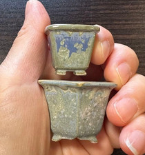 Japanese Bonsai pot SHISUI signed Blue Square & Hexagon MAME Set of 2 w1