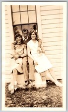 Vtg B&W Snapshot Man Two Women Sitting Steps House Fashion 1920s picture