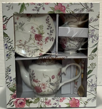 Grace Teaware Tea Time 7 Piece Porcelain Floral Teapot Cup Saucer Spoon Set picture