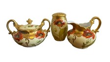 Antique Limoges Pickard Hand Painted Gold Orange Poppy Cream Sugar Sifter Set picture