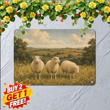 Pastoral Sheep Grazing In Golden Meadow Metal Tin Sign Country Wall Decor picture