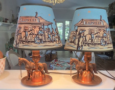 PAIR of Vintage WORKING Horse Western Copper Lamps and Matching Cowboy Shades picture