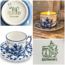 Antique Mix & Match Mini Teacup & Saucer Set Tettau Windmill, Blue & White picture