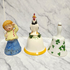 Vintage Lot of 3 Ceramic Hand Painted Bells Rooster & Floral 1970s White picture