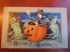 Halloween Antique Postcard Winsch Schmucker Green Goblins and Witch In JOL RARE picture