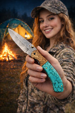 Handcrafted Damascus Folding Inner Lock Pocket Knife Hiking Tactical With Sheath picture
