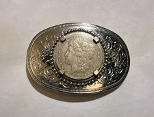 1879 Morgan Silver Dollar Coin Western Belt Buckle Ornate Engraved Vintage Style picture