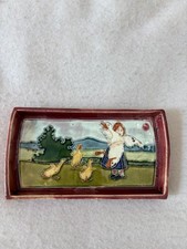 ANTIQUE CARL LUBER FOR JOHANN VON SCHWARZ~CERAMIC TRAY~GIRL & DUCKS picture