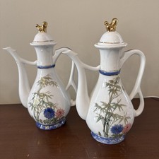 Pair of Vtg Japanese Porcelain Chocolate Pots~Ewers Hand Painted~Bamboo Floral picture