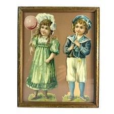 Antique Victorian Die Cut Scrap Art Children Sailor Boy Girl Balloon Framed picture