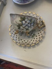Vintage Original Japan China Tri-footed teacup and Reticulated Lattice saucer picture