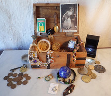 Old Junk Drawer Box Lot Sterling Silver Jewelry Treasure Vintage Coins Watch Etc picture
