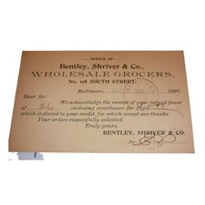 1899 Bentley Shriver Co Baltimore Wholesale Grocers Antique Postal Card Receipt picture