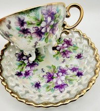 Vintage Royal Sealy Japan Footed Violets Cup & Open Saucer; Iridescent Teacup 2 picture