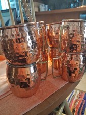 Vintage Hammered Copper Moscow Mule Cups Set of 8 Rolled Rim Brass Handles CLEAN picture