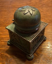 ANTIQUE APOLLO STUDIOS NY INKWELL:AGED VERDE GRIS BRONZE PATINA w/ GREEN GLASS picture
