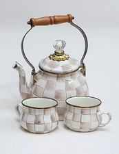 Mackenzie Childs Mocha Check 2 Quatr Tea Kettle & 2 Teacups picture