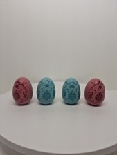 Set Of 4 VTG Wooden Easter Hand Painted Egg Ornament Blue & Pink Floral Design picture