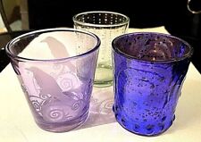 3 Glass Votive Holders Blue Mercury Purple Cats Stripe Fit Yankees New  picture