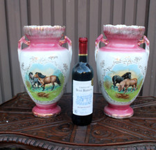 PAIR antique english victorian Faience porcelain horse scene vases picture