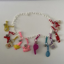 Vintage 80s Plastic 10 Clip Bell Charms Chain Link Necklace Colorful Pink Crab picture