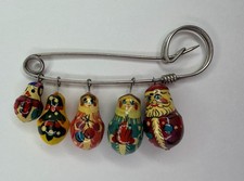 Vtg Christmas Russian Folk Art Hand Painted Wooden Nesting Dolls Brooch Pin picture