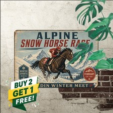 Alpine Winter Horse Racing Snow Track Sports Trophy Decor Plaque Metal Tin picture
