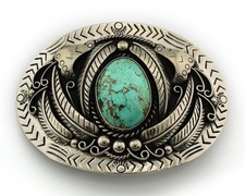 Navajo Bell Buckle .999 Nickel Turquoise Handmade Vintage picture