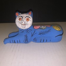 Mexican Pottery Terracota Hacienda HDA Uxmal Blue Cat Figurine 8” picture