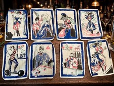 RARE Antique Gay 90’s Cocktail Napkins Risqué French Edwardian Scene Napkins picture