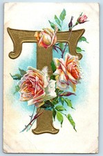 c1910's Large Letter T Alphabet Roses Flowers Embossed Antique Posted Postcard picture