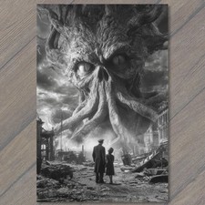 POSTCARD Cthulhu Eldritch Monster Tentacles Apocalyptic City Ruins Black White picture