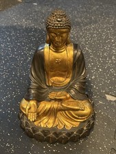 Heavy 7 lb Chinese Bronze Buddha Statue Parcel Gilt Patina Lotus 10” Vintage picture